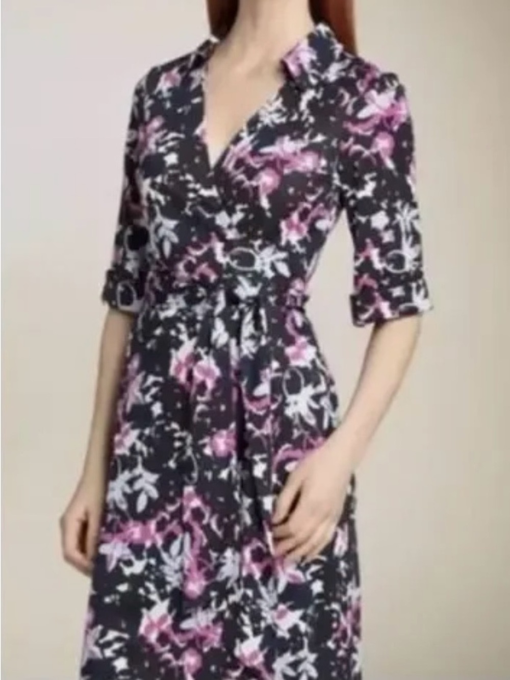 Diane Von Furstenberg Jessica Wrap Mini Dress in Abstract Floral Pink & Black